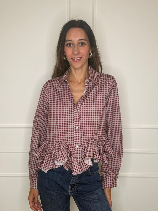 Camicia check volant bordeaux