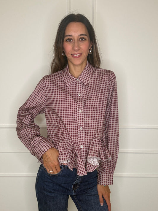 Camicia check volant bordeaux