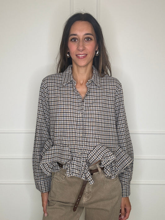Camicia check volant azzurro/taupe