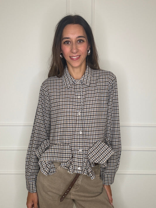 Camicia check volant azzurro/taupe
