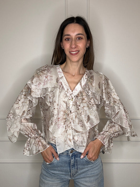 Blusa fiorellini moro/rosa con rouches
