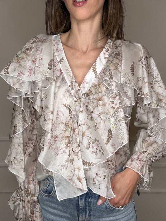 Blusa fiorellini moro/rosa con rouches