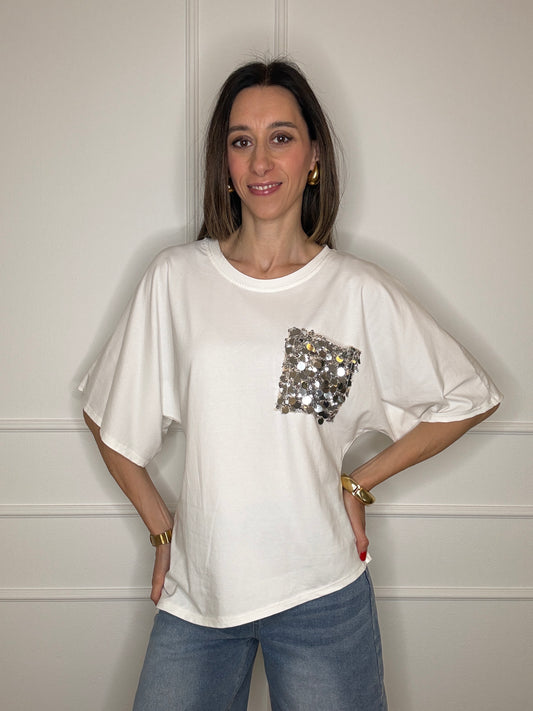 T-shirt asimmetrica tasca paillettes